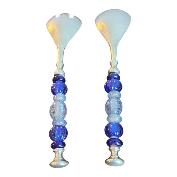 Stainless Steel Salad Fork and Spoon Set With Blue Acrylic Handles 11.5" - Picture 5 of 7